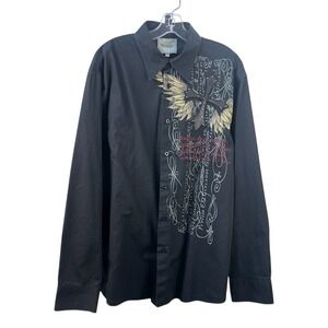 Vintage ROAR Shirt Men's Size XXL Black Rhinestone Wings Cross Button Up